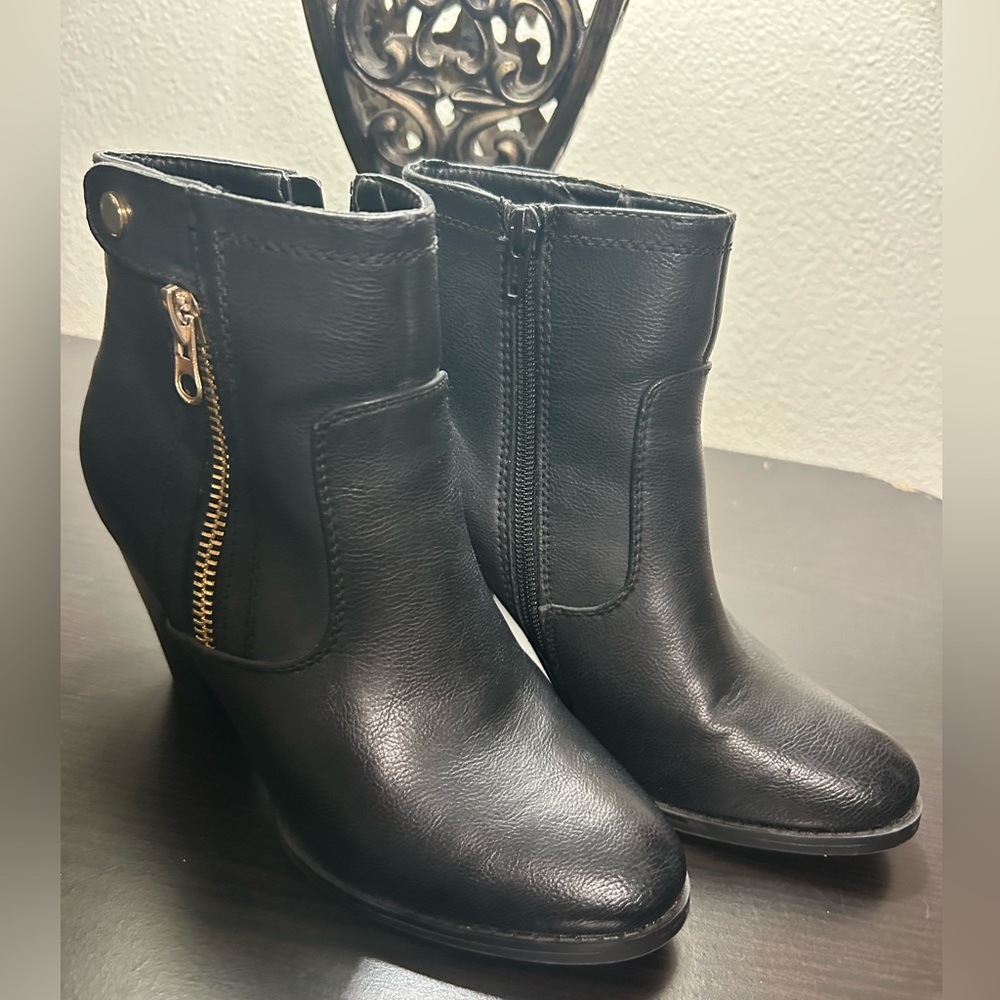 Black Ankle Boots with Gold Zipper on one side and black zipper on other side.